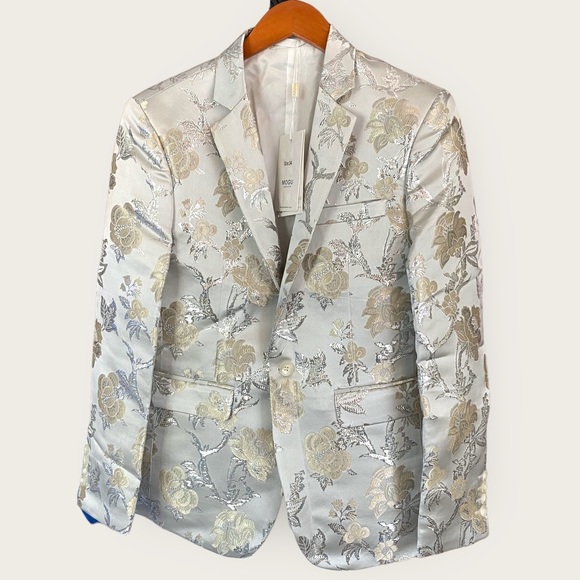 MOGU Mens Metallic Jacquard Blazer Slim Fit Elegant Tuxedo Suit Jacket - Picture 3 of 10
